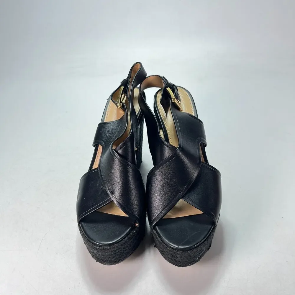 Michael Kors Black Leather Espadrille Platform Wedge Sandals Women's Size 5.5M